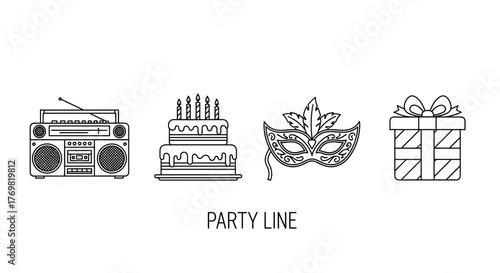 A striking collection of modern linear icons, perfect for design projects, websites, apps, and cards. This set features stylized representations of a musical center, a celebratory cake, a mysterious