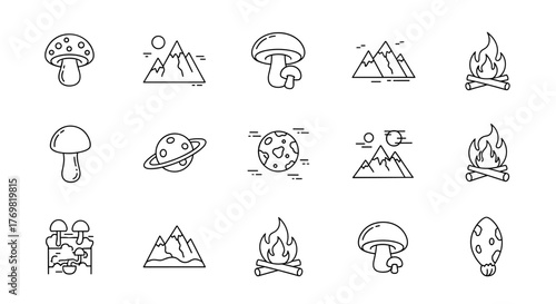 A collection of thin-line, linear vector icons depicting a mushroom, a mountain, a planet, and a bonfire, all rendered in a cartoonish style, perfect for interface elements, booklets, cards, posts