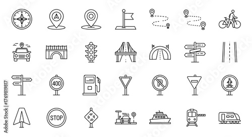 A comprehensive set of editable stroke outline icons representing navigation and road elements, including compass, map pins, routes, traffic lights, bridges, tunnels, signposts, gas stations, and