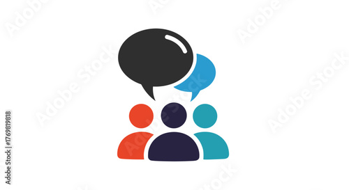 Vivid vector illustration of a pack of diverse people represented by colorful, abstract figures, engaged in communication with speech bubbles, symbolizing discussion, ideas, and social interaction