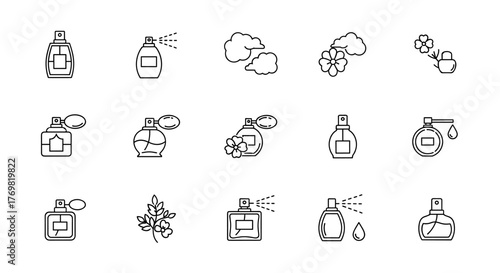 Collection of minimalistic linear perfume bottle icons, featuring various spray mechanisms, floral elements, and scent clouds, perfect for web and graphic design, apps, banners, social networks, and