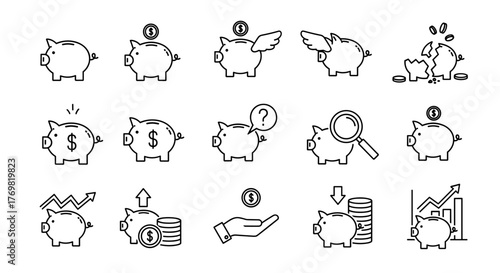 A vibrant and diverse collection of line icons related to piggy banks, perfect for infographics, articles, books, flyers, and banners, presented as a versatile vector cartoon illustration with