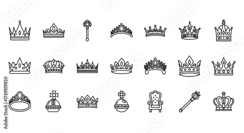 A comprehensive collection of royalty-free vector line icons featuring various crown designs, scepters, and a royal throne, perfect for graphic design, web development, app interfaces, advertising