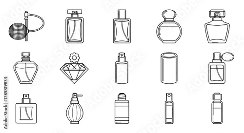 Collection of isolated line art perfume bottles and atomizers on a black background, perfect for graphic design, branding, and digital applications, offering a clean and modern aesthetic for beauty