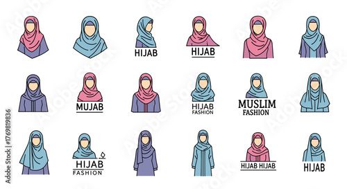 Set of modern and elegant hijab fashion logos and icons, featuring diverse styles and colors of headscarves for Muslim women, presented as clean vector illustrations on a white background, ideal for