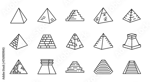 Collection of simple, isolated line icons representing various pyramid structures, including Egyptian and Mesoamerican styles, with editable strokes, perfect for web, books, cards, and apps