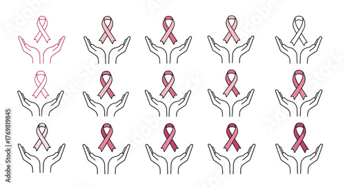 Collection of Pink Ribbon Icons Over Open Hands, symbolizing Breast Cancer Awareness and Support, ideal for websites, books, cards, and apps, presented as a vector cartoon illustration with a clean