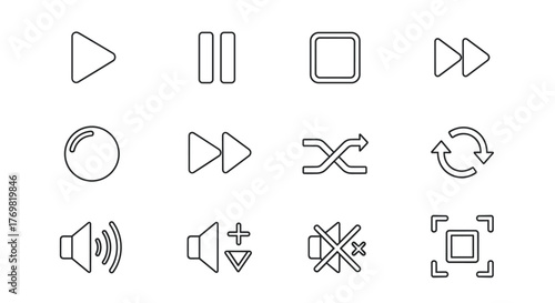 Set of Play Sign Related Line Icons, Outline Signs for Graphic and Web Design, Apps, Adverts, Various Cards, Vector Cartoon Illustration with a White Background. Includes Play, Pause, Stop, Fast