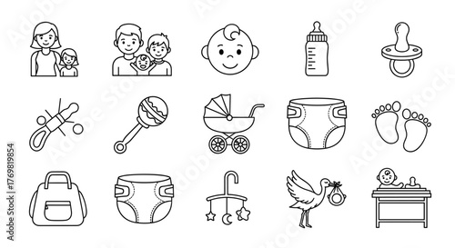 Set of Family and Baby Diaper Related Line Icons: Outline Signs for Graphic and Web Design, Apps, Advertisements, Various Cards, Vector Cartoon Illustration with White Background, symbolizing care