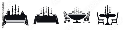 Christmas Dinner Table Silhouette Vector Illustration – Festive Holiday Dining Setup with Candles, Plates, and Chairs, Elegant Celebration Design for Winter Decoration and Seasonal Art