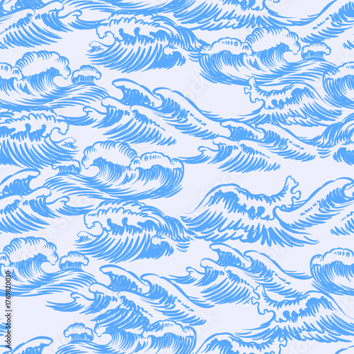 Engraved Sea waves. Nautical marine seamless pattern with. Hand drawn elements for summer vacation.