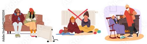 People of different ages suffering from home heating absence struggling with low temperature indoors