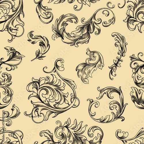 Vintage Baroque or renaissance Seamless pattern hand drawn Victorian set of ornament floral elements engraved retro flower decorative design heraldic swirls.