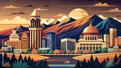 Very beautiful Boise vector travel poster in cinematic minimal landscape art style, featuring the city skyline, surrounding foothills, and modern architecture with warm sunset tones capturing Idaho’s 