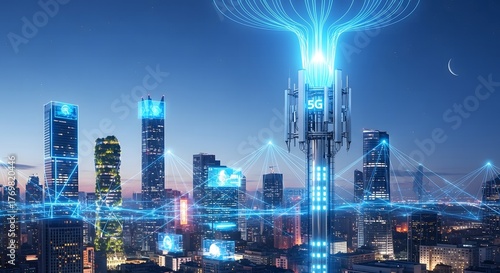 Wallpaper Mural A futuristic 5G cell tower glowing with neon blue signals at night, surrounded by a modern smart city skyline Torontodigital.ca