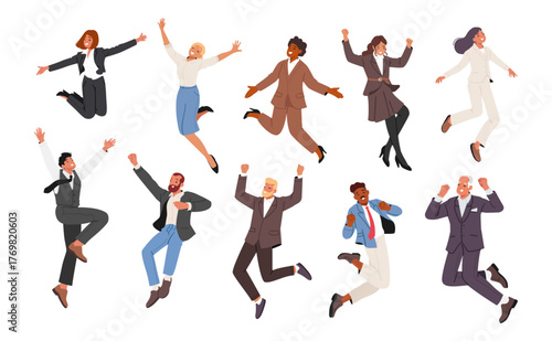 Businesspeople feeling happy joyful while jumping up high and raising hands isolated set on white