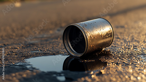 Fototapeta Naklejka Na Ścianę i Meble -  Discarded metal can lies on the asphalt street, amidst small puddles. Metallic surface and water reflect golden sunlight. Illustrates urban decay and wastefulness.