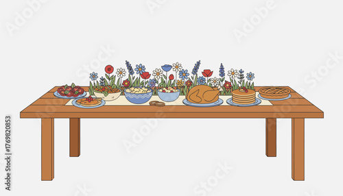 A long table adorned with a rustic centerpiece featuring wildflowers alongside a spread of homemade summer dishes and desserts.