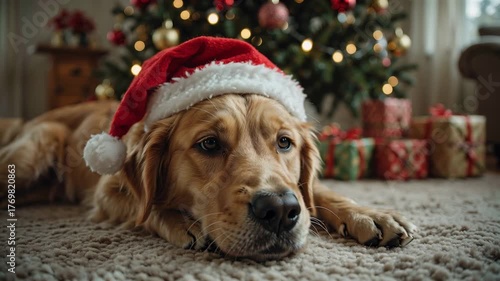 Golden Retriever in Santa Hat Relaxing by Christmas Tree With Wrapped Gifts