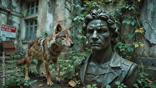 Sculpture of a Man With a Wolf in an Abandoned Area Surrounded by Nature