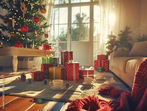Christmas morning living room with unwrapped presents and sunlight streaming in
