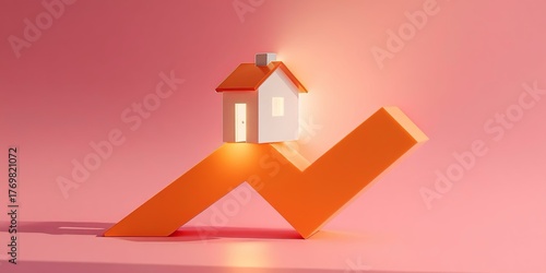 Casetta stilizzata posta sopra una spunta arancione diretta verso l’alto per simboleggiare una crescita o un aumento nel mercato immobiliare.
