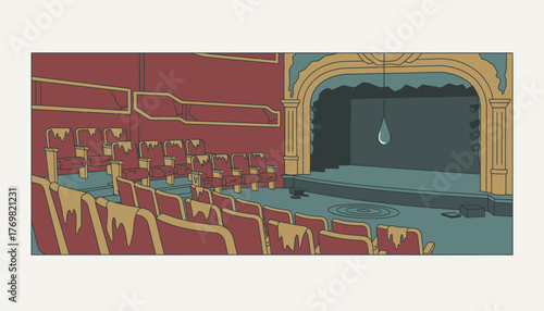 An old theater with tattered velvet seats remnants of grand performances lingering in the air contrasted by the faint sound of dripping water echoing in the silence.