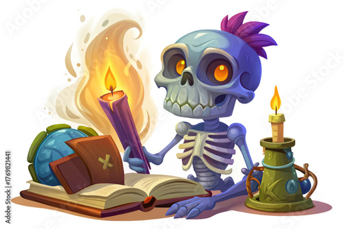 Skeleton beside candle and spell book isolated on white background symbolizing witchcraft and dark rituals