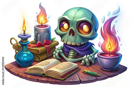 Skeleton beside candle and spell book isolated on white background symbolizing witchcraft and dark rituals