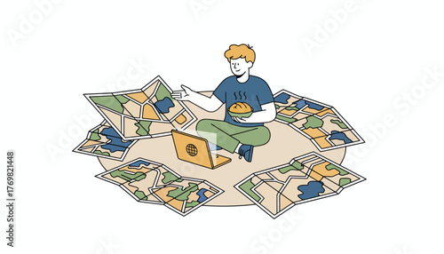 A digital nomad surrounded by travel maps and a laptop planning their next adventure while enjoying a local delicacy.