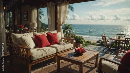 Beautiful Beachside Seating Area Showcases Ocean View and Sunny Skies