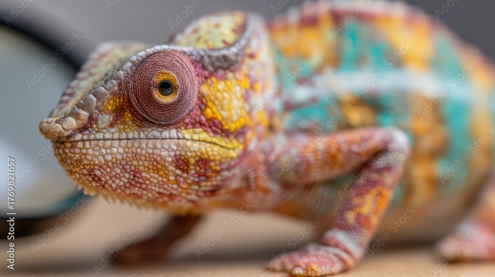 Obraz premium A colorful chameleon with intricate textures and patterns, poised on a surface, showcasing its vibrant scales and unique eye.