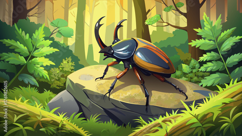 Vector of a beetle crawling on mossy stone, soft daylight, realistic shell texture, natural forest background, detailed insect illustration