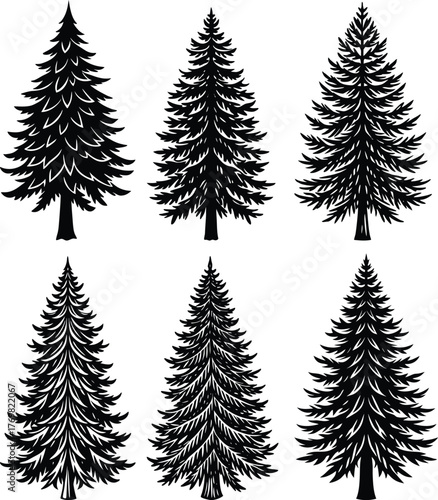 Vector set of green evergreen Christmas trees with snow, perfect for a winter holiday forest scene illustration or seasonal decoration design