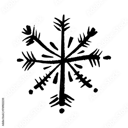 New Year brush stroke or chalk ornate texture snowflake icon, Christmas patterned black brush hand-drawn isolated element on white background. Scandinavian Norwegian simple winter print editable