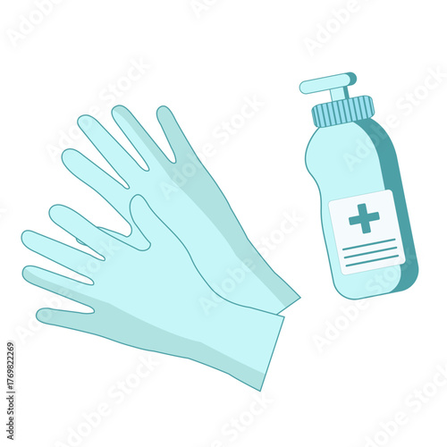 Medical gloves and disinfectant, bottle, gloves, hands, protection