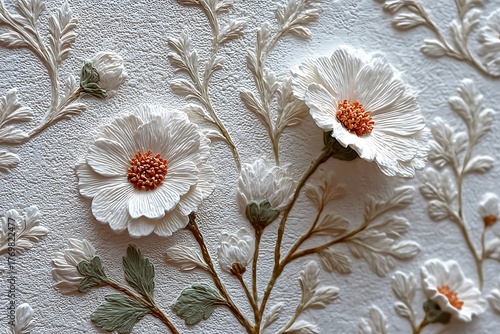 White embossed floral plaster luxury wall design high resolution picture