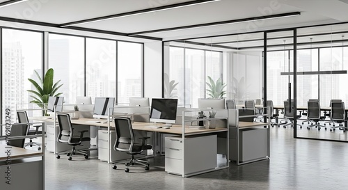 Modern open office space with sleek desks and city views inspires collaboration and productivity, perfect for showcasing a vibrant and professional workplace environment