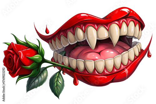 Fake vampire teeth with red blood drops and rose isolated on white background symbolizing gothic romance