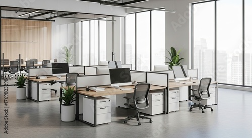 Modern open office space with sleek desks and city views creates a professional and collaborative workspace for innovative teams and productive work environments