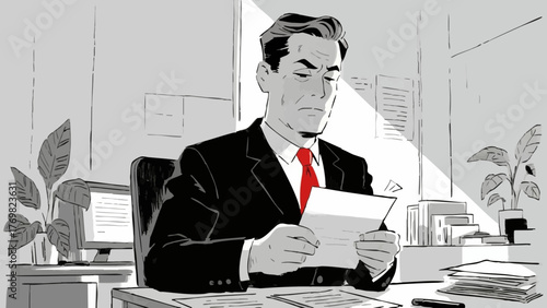 Illustration of a man feeling stressed at work. Business setting. Office. Job change. Neurosis. Mental health. Depression. Mental illness. Interpersonal relationships.