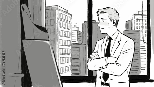 Illustration of a man feeling stressed at work. Business setting. Office. Job change. Neurosis. Mental health. Depression. Mental illness. Interpersonal relationships.