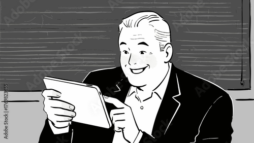 Illustration of a man using a smartphone. He looks happy. Satisfied. Communication. SNS. Dating app. Games. Movies. Entertainment.