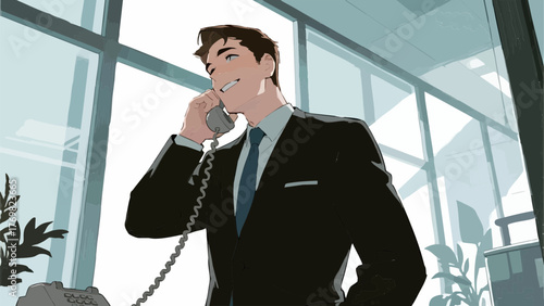 Illustration of a man answering a phone call. Business setting. Office. Sales. Landline phone.