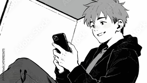 Illustration of a man using a smartphone. He looks happy. Satisfied. Communication. SNS. Dating app. Games. Movies. Entertainment.