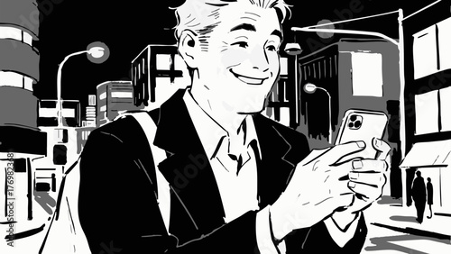 Illustration of a man using a smartphone. He looks happy. Satisfied. Communication. SNS. Dating app. Games. Movies. Entertainment.