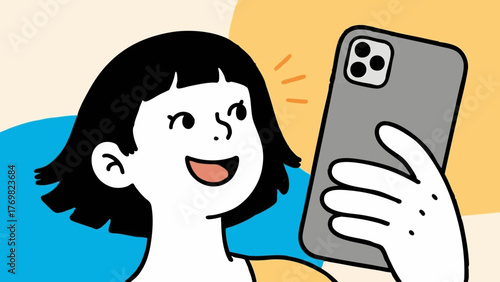 Illustration of a woman using a smartphone. She looks happy and satisfied. Communication. SNS. Dating apps. Games. Movies. Entertainment. Influencer.