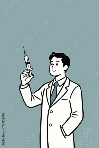 Simple illustration of a doctor holding a syringe. Vaccine. Hyaluronic acid. Cosmetic surgery.