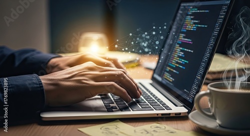 Professional coder working late with coffee, coding with laptop, programming with digital network overlay for modern technology and business solutions