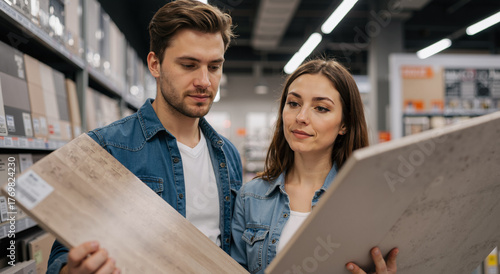 young couple choosing wooden flooring in a modern hardware store, considering home renovation